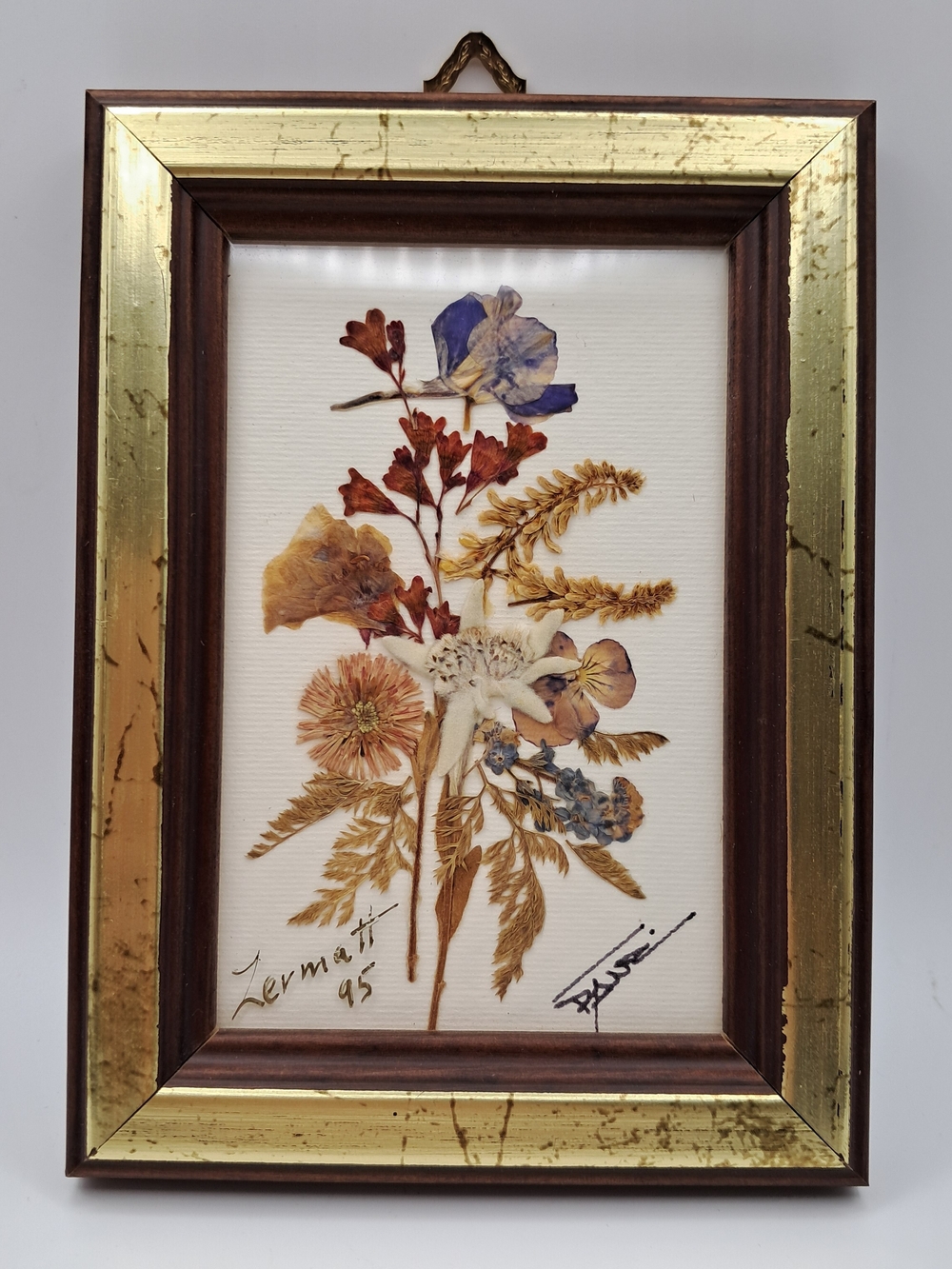 ​Vtg Zermatt 95 Signed Pressed Flower Art Alpine Edelweiss Framed Switzerland